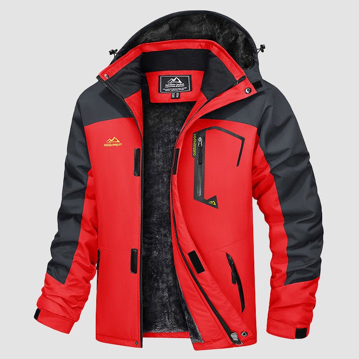 Red ski jacket with charcoal panels and chest zip pocket