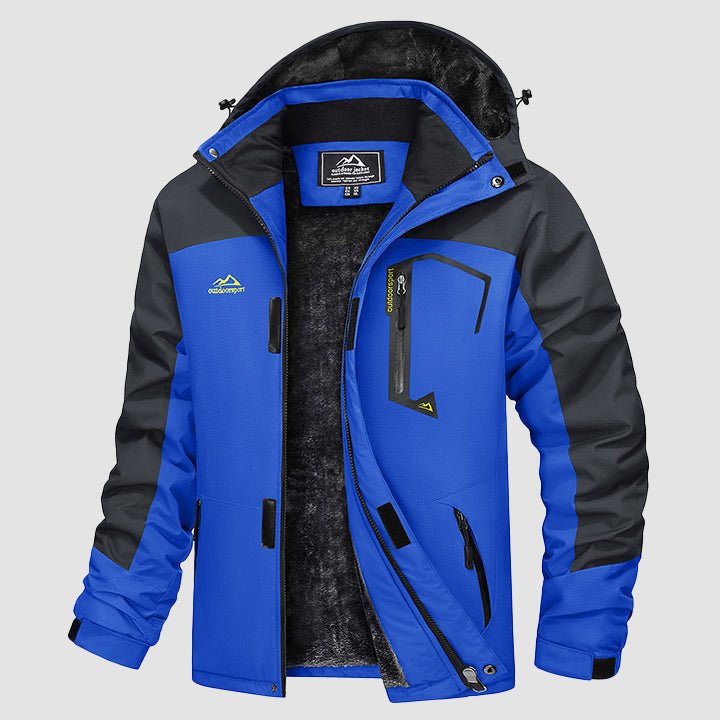 Royal blue ski jacket with charcoal panels and zip pockets
