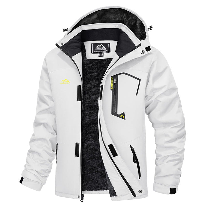 White hooded ski jacket with black trim and chest zip pocket