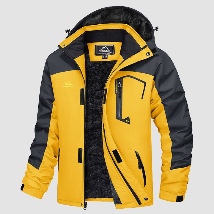 Yellow ski jacket with charcoal shoulder panels