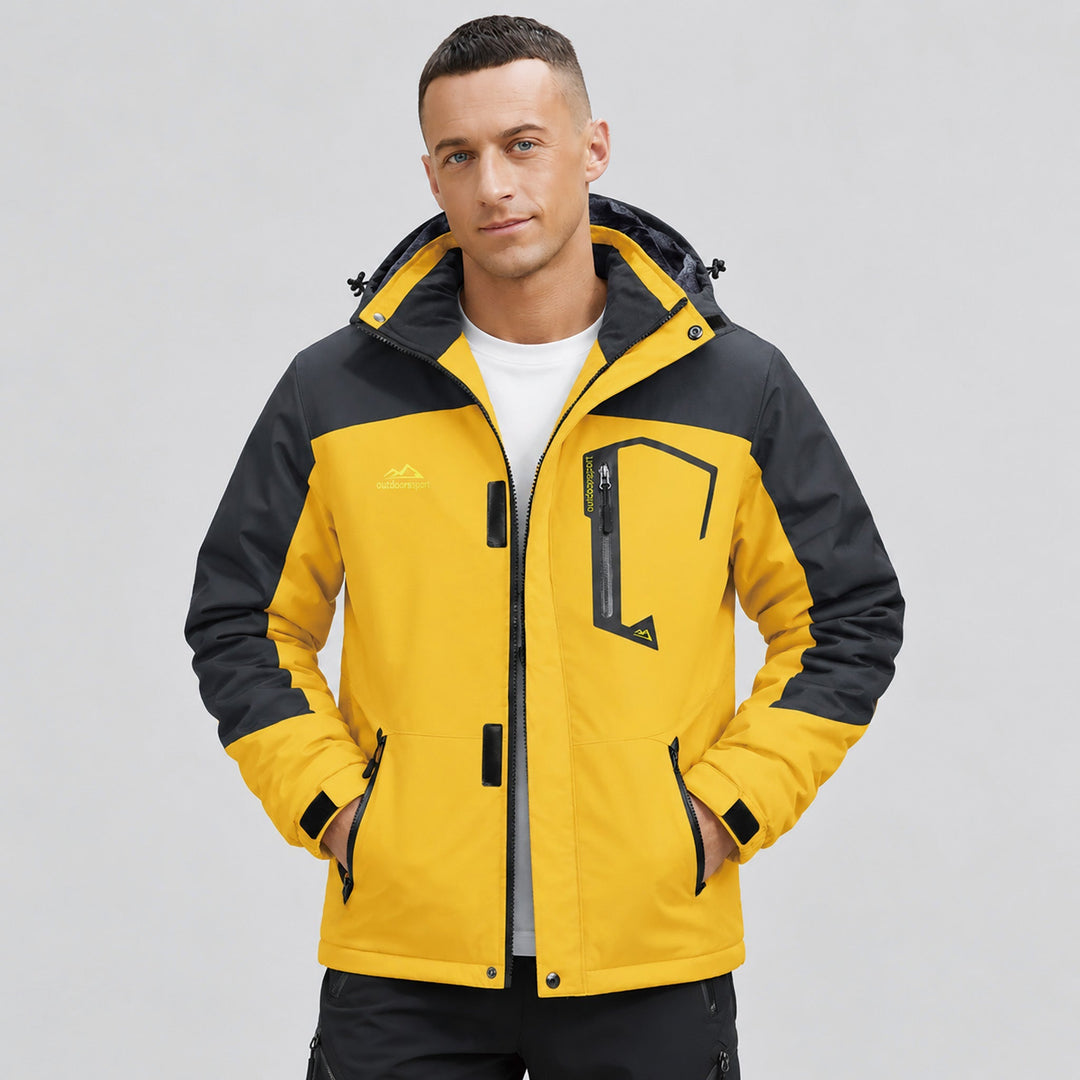 Man wearing the yellow hooded winter jacket