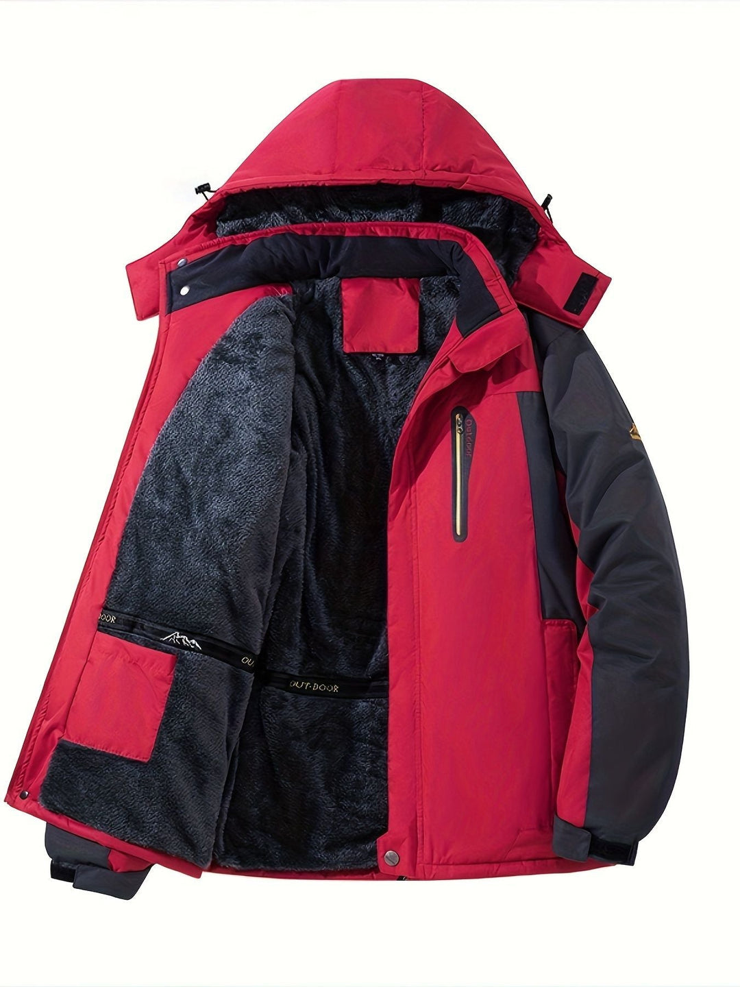 Men's ski jacket in red and gray shown open, fleece lined hooded winter coat