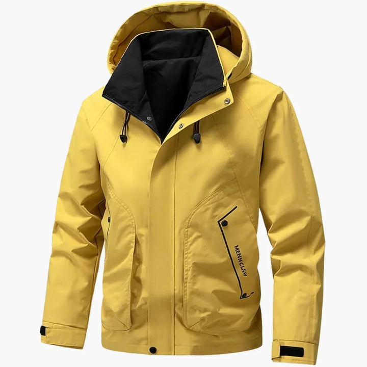 Yellow hooded snowboard jacket with angled zip pockets