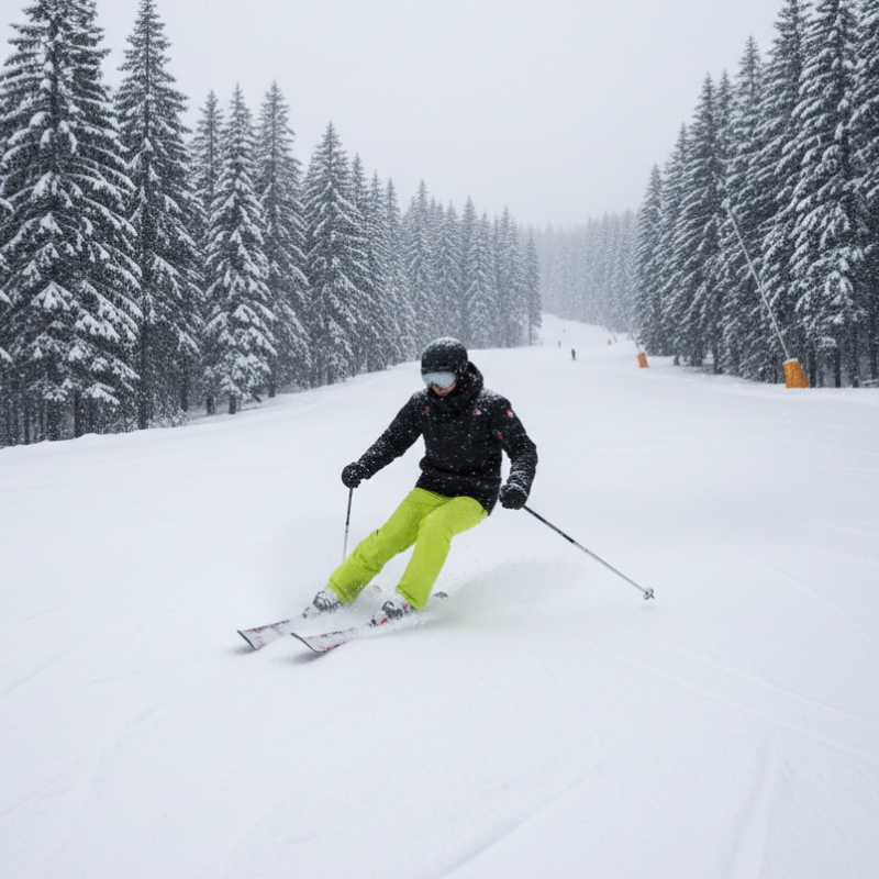 Skier in a black jacket and lime pants carving a groomed slope