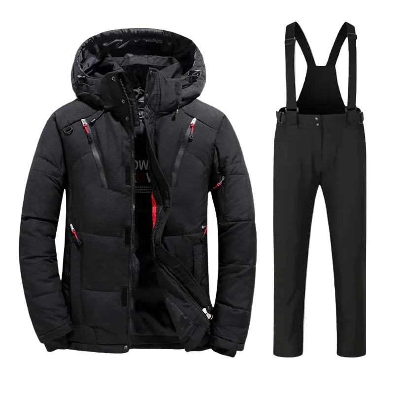 Black padded ski jacket with matching black snow bib pants