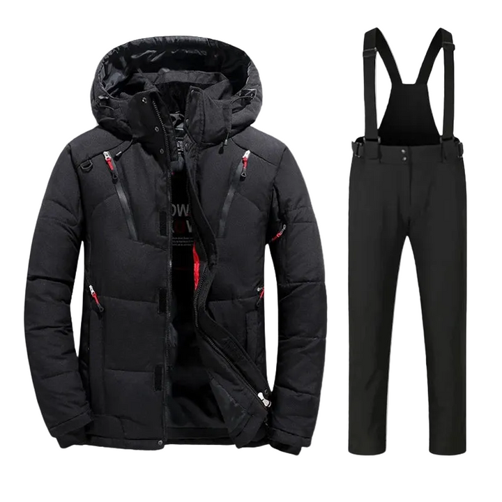 Black padded ski jacket with matching black snow bib pants