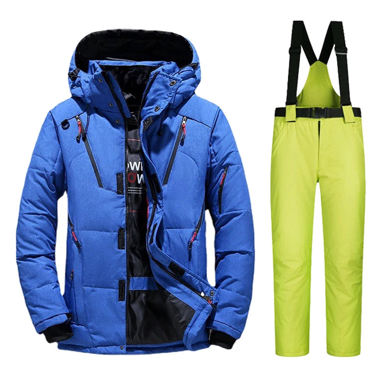 Blue ski jacket paired with lime green snow bib pants