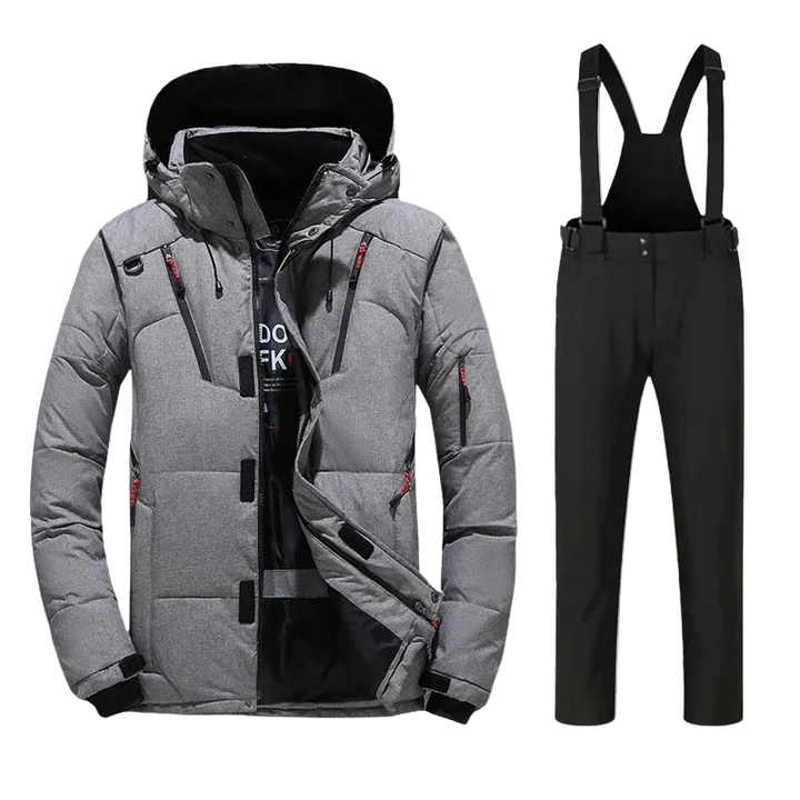 Gray padded ski jacket with black snow bib pants