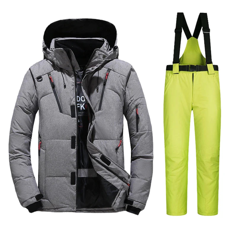 Gray ski jacket paired with lime green snow bib pants