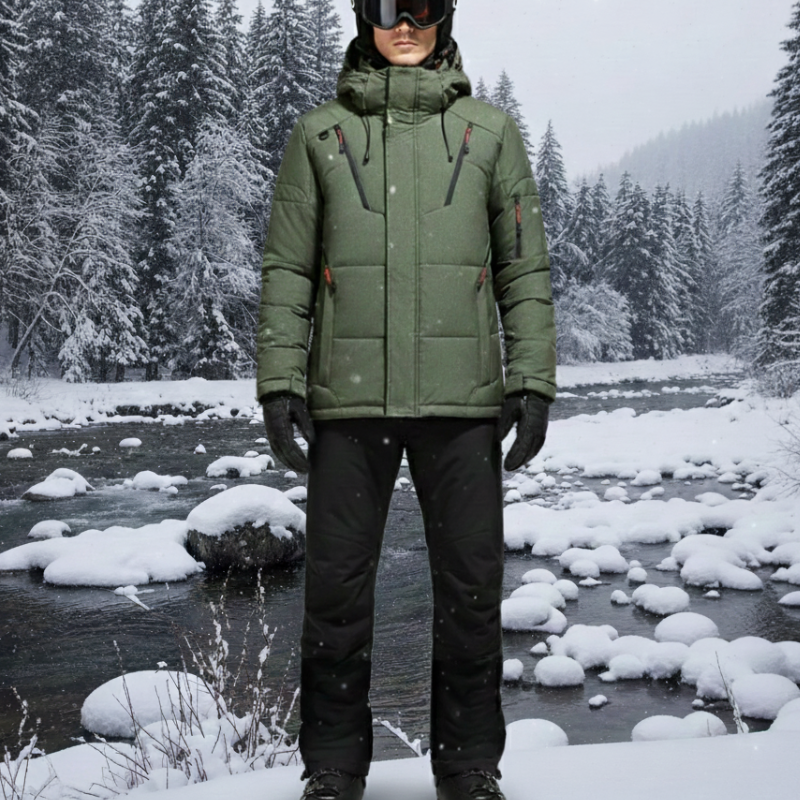 Man wearing the green jacket and black bib pants beside a snowy river