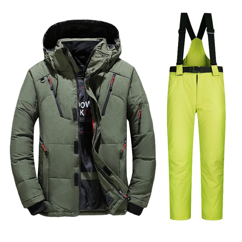 Green ski jacket paired with lime green snow bib pants