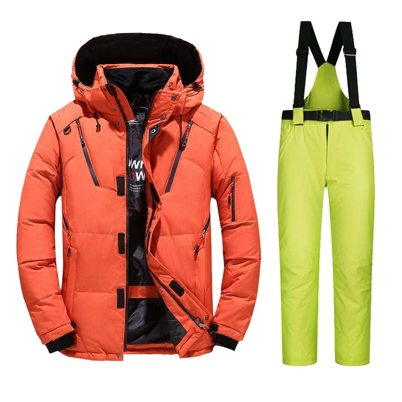 Orange ski jacket paired with lime green snow bib pants