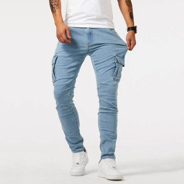 Light blue washed slim cargo pants with flap thigh pockets