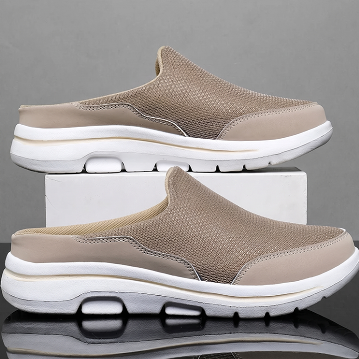 Khaki mesh clog sneakers with thick white sole and stripe