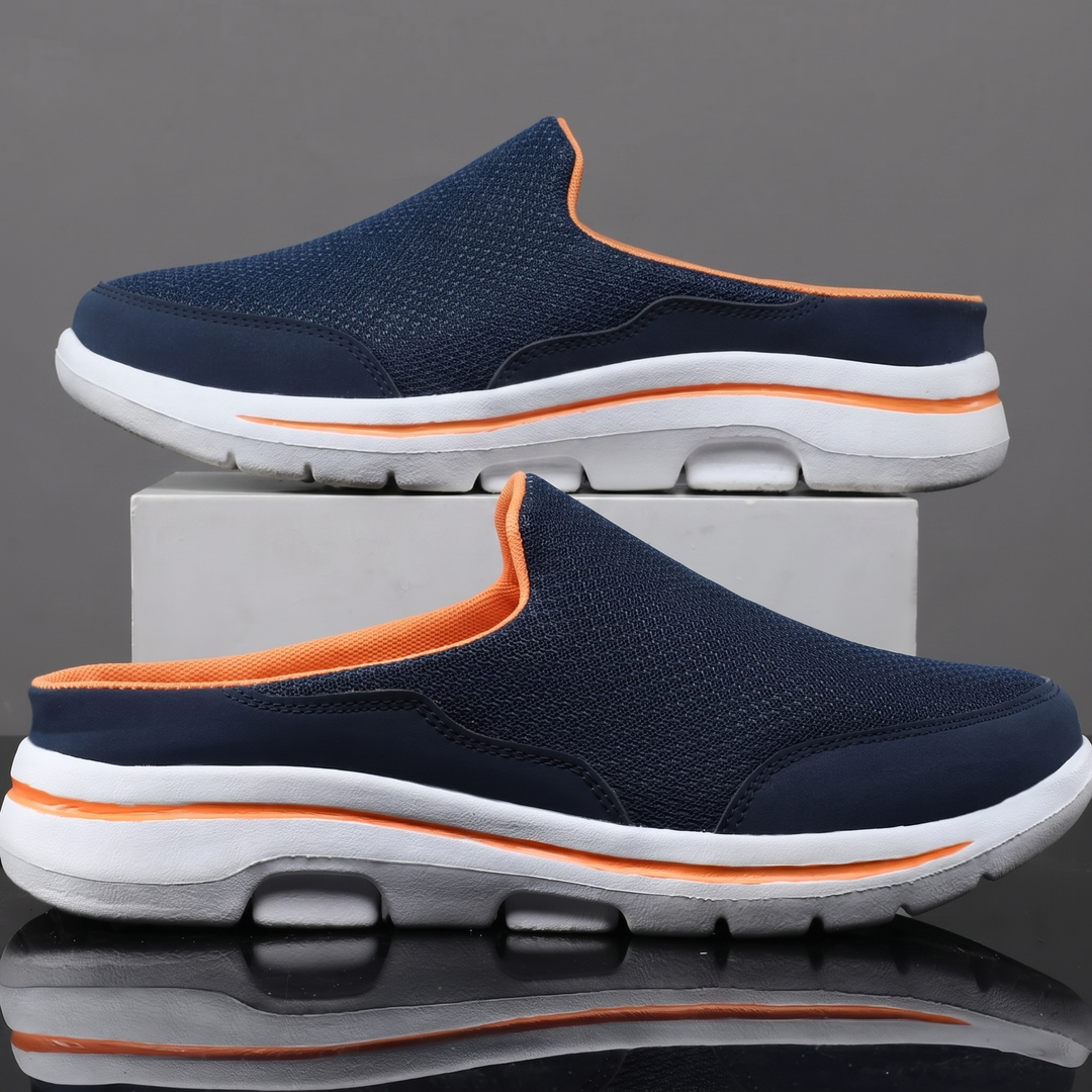 Men's slip on sneakers in navy, backless mesh clog shoes with orange trim