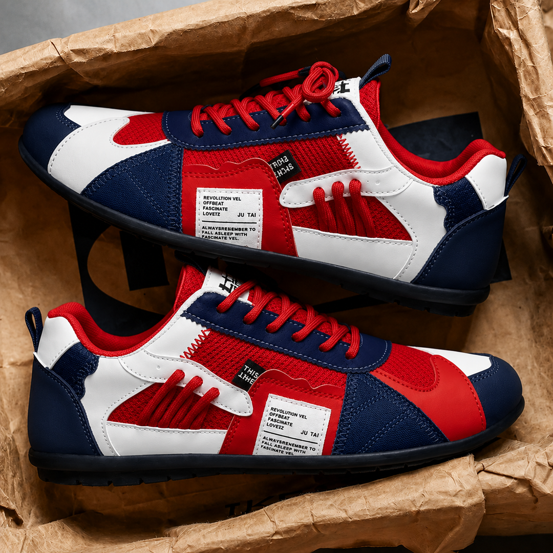 Red, navy and white retro sneakers displayed as a pair