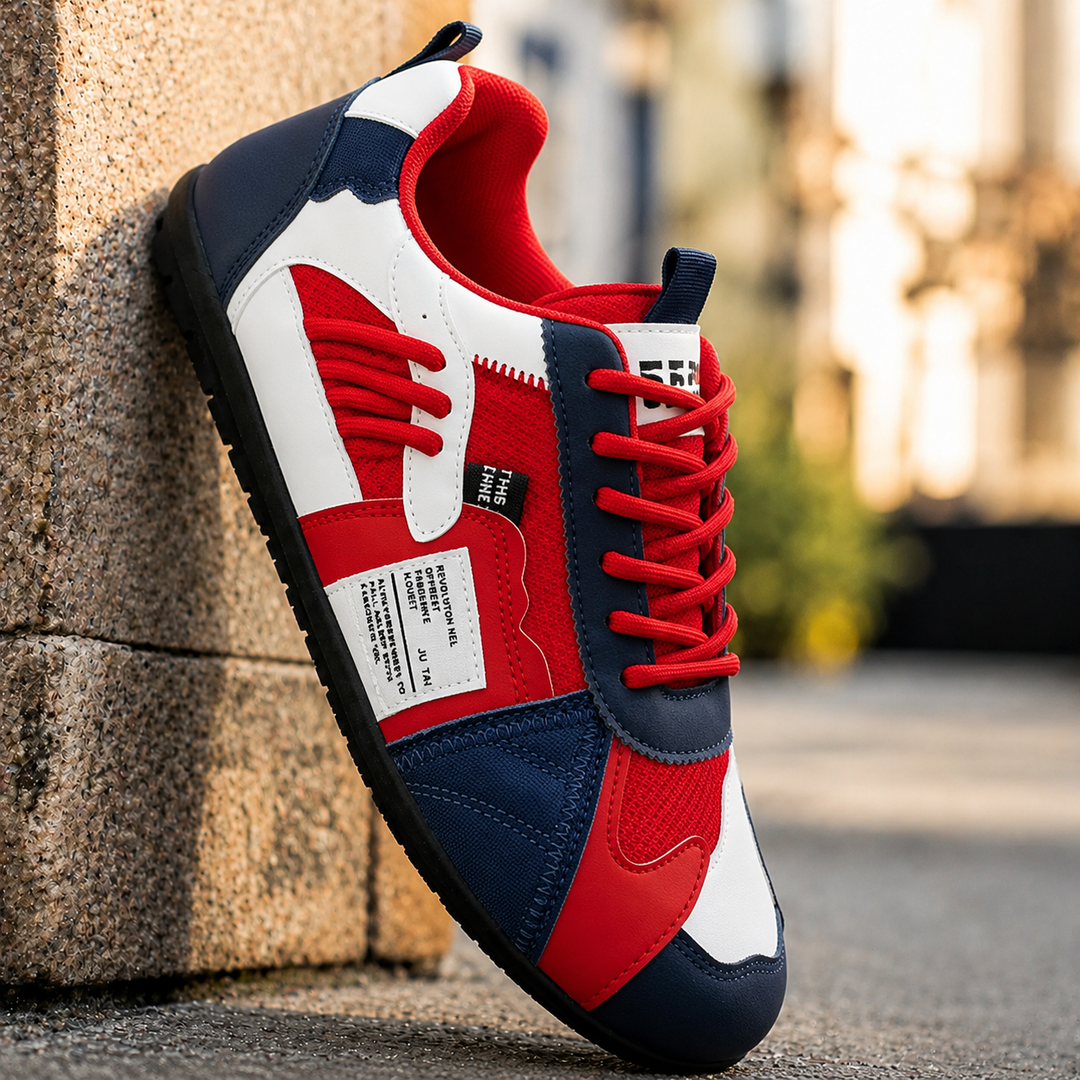 Red and navy retro lace-up sneaker, angled view against a sandstone wall