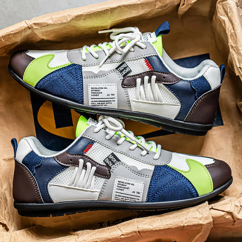 White and blue color block lace-up low top sneakers shown as a pair