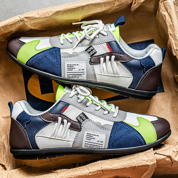 White and blue color block lace-up low top sneakers shown as a pair