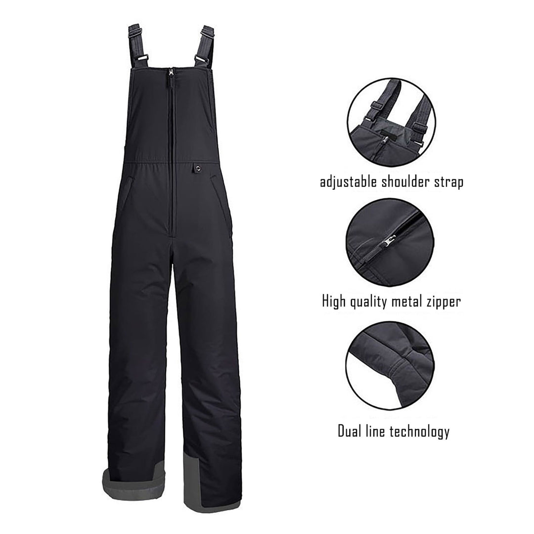 Black snow bib with close ups of the shoulder strap and front zip