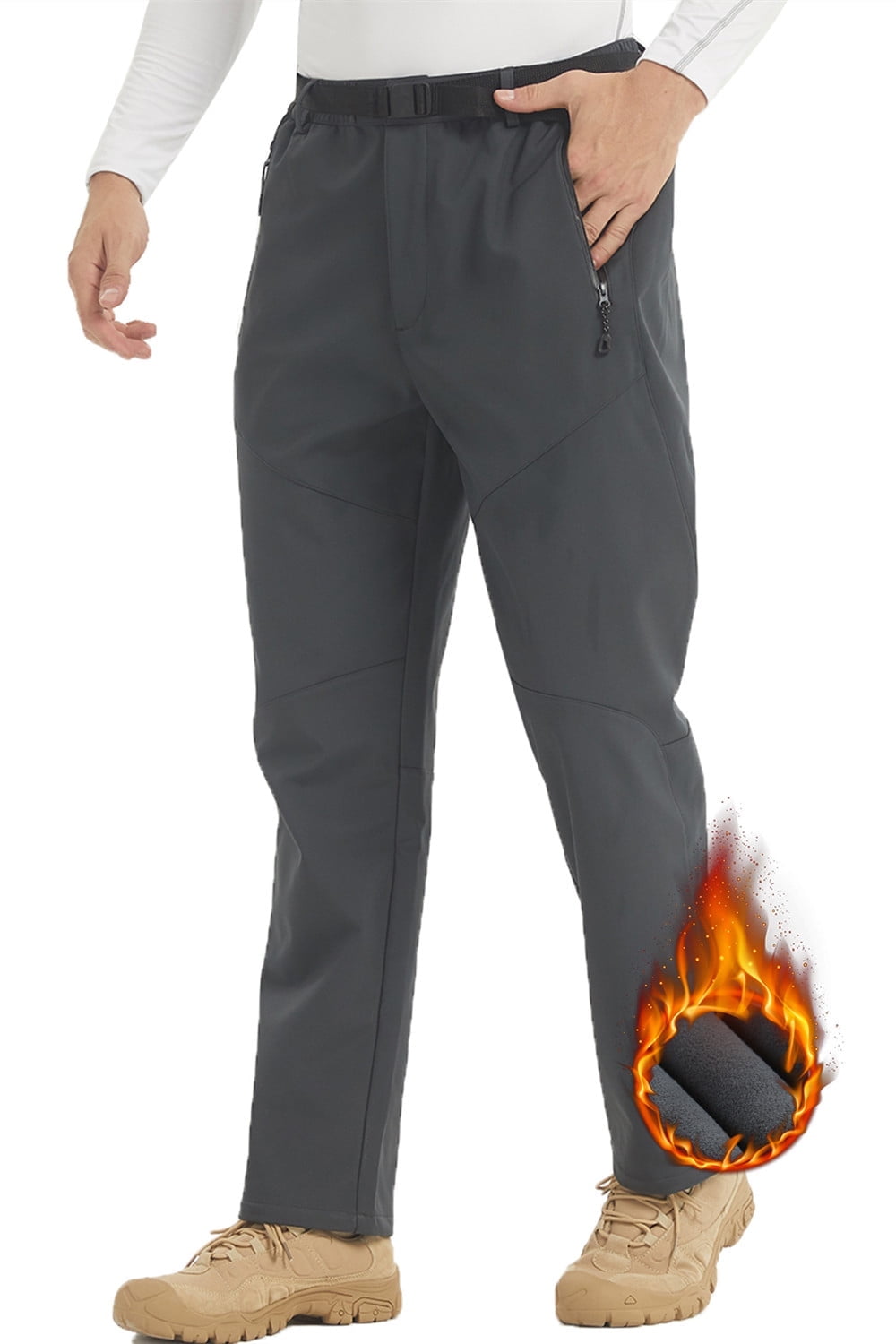 Men's snow pants in gray, fleece lined softshell ski pants with belt