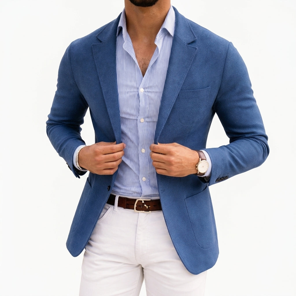Men's blue knit sport coat, front view on a model