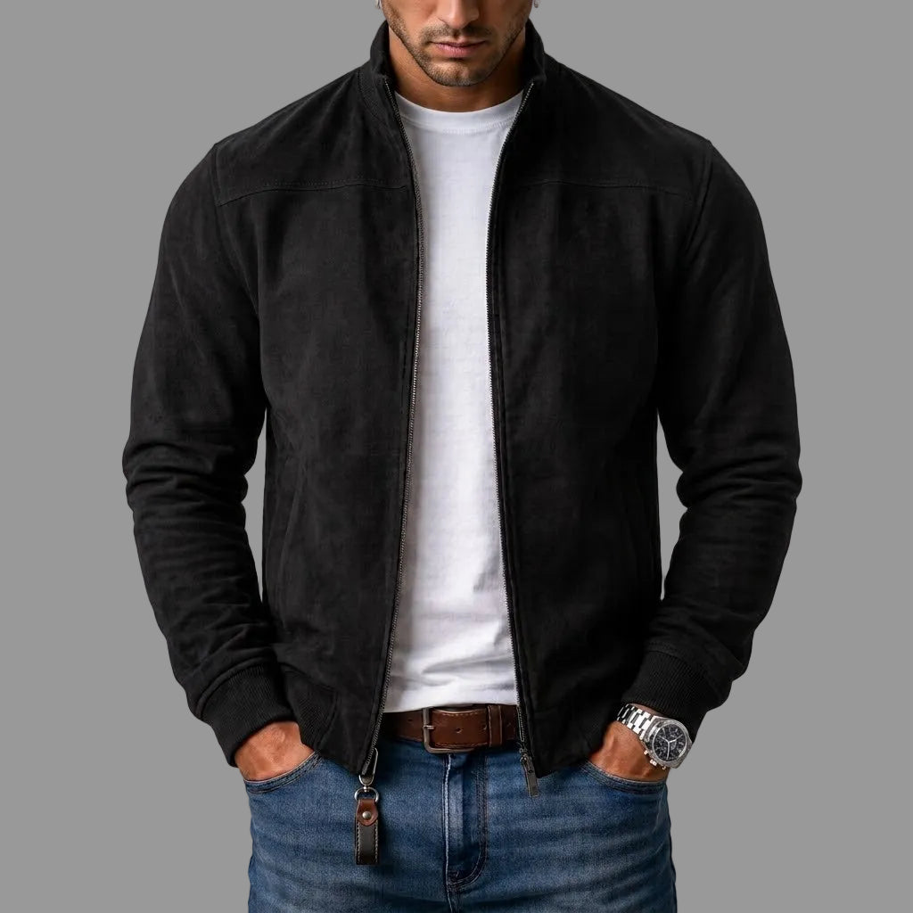 Men's suede-look jacket in black, stand collar zip up, worn with white tee and jeans
