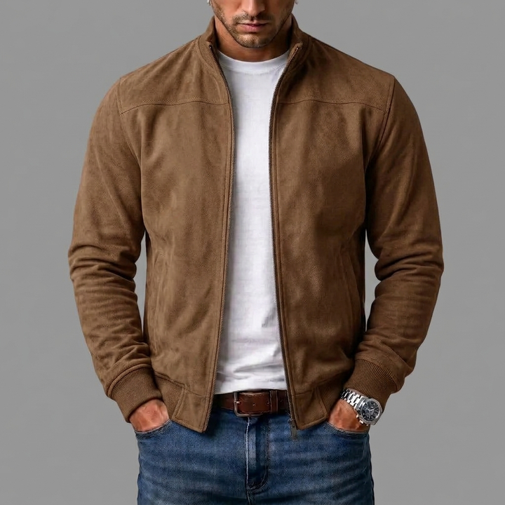 Brown suede-look zip up jacket with stand collar on a model, front view