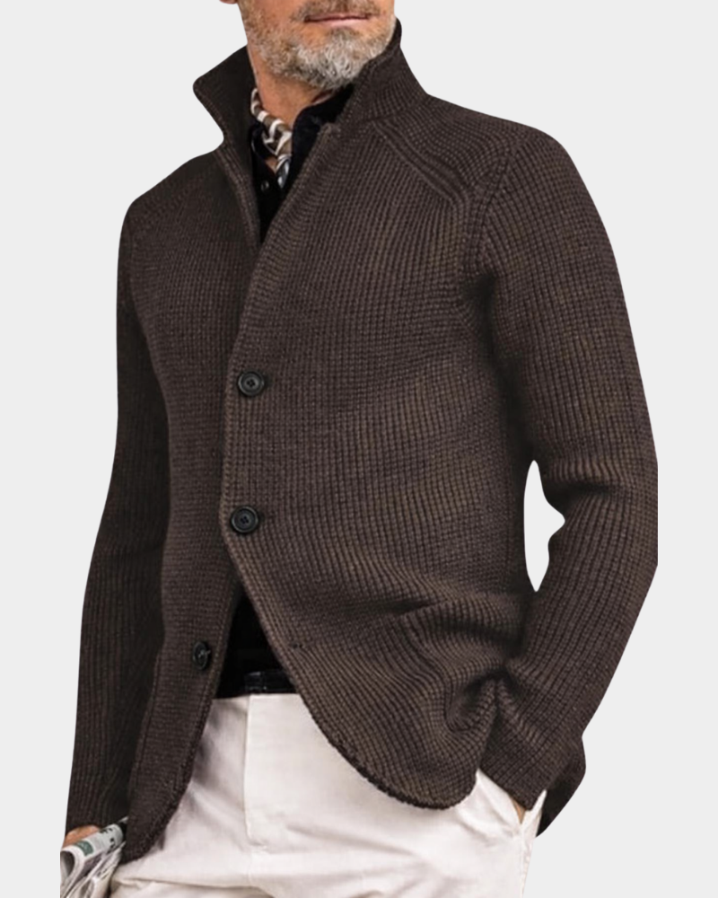 Men's sweater jacket, stand collar button knit cardigan in brown