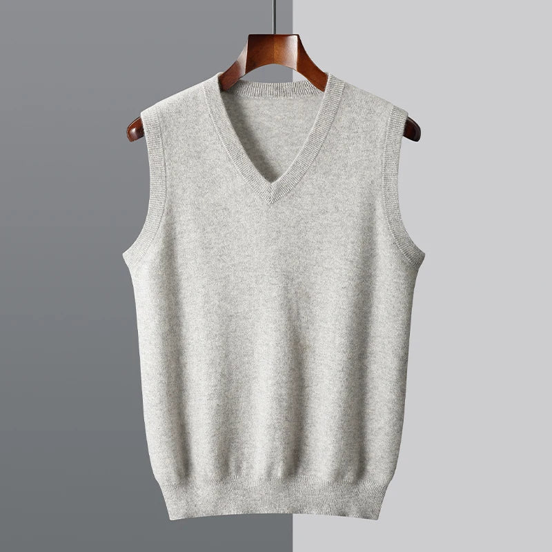 Light gray sleeveless sweater vest with deep V-neck on a hanger