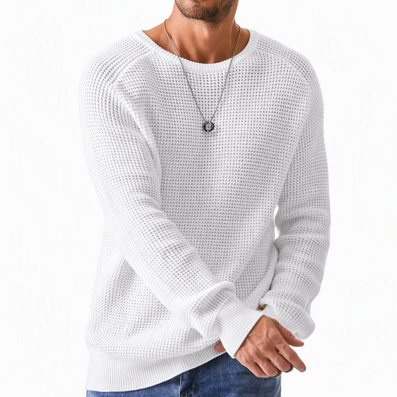 Men's sweater in white, waffle knit crewneck raglan pullover