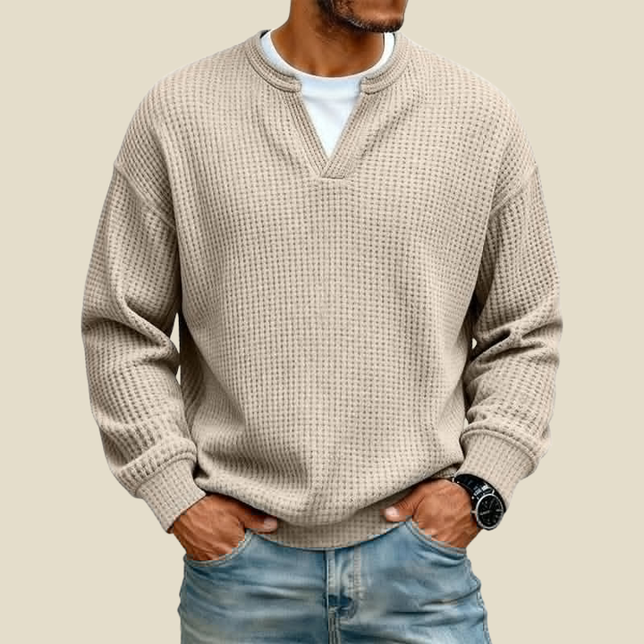 Beige waffle knit pullover with ribbed hem