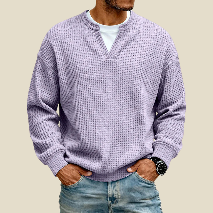 Lavender waffle sweater with a layered V-neck insert