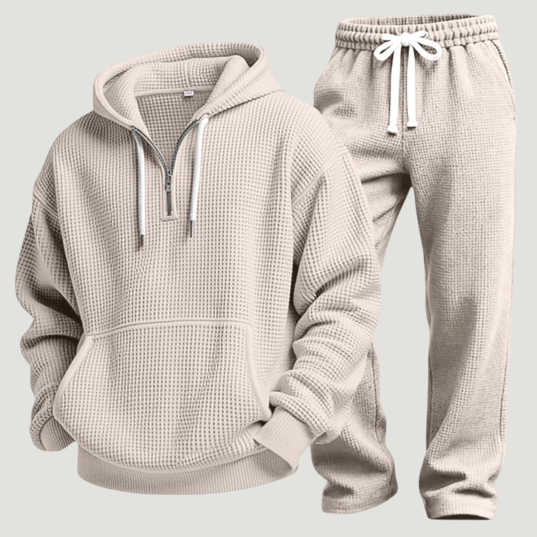 Beige hoodie and joggers showing the raised waffle texture