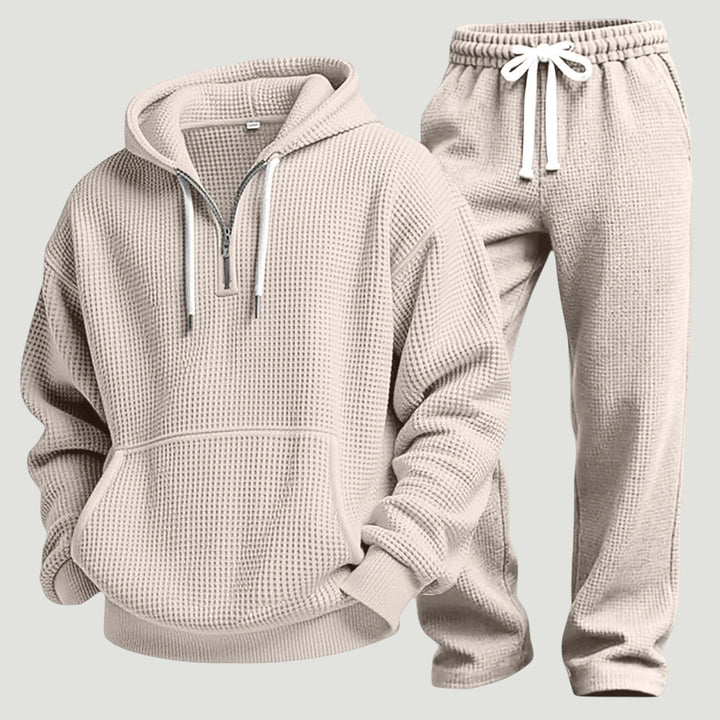 Beige hoodie and joggers showing the raised waffle texture