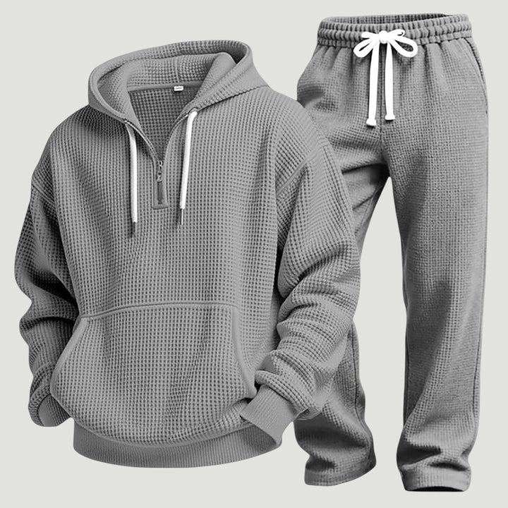 Gray waffle hoodie and jogger set with white drawstrings