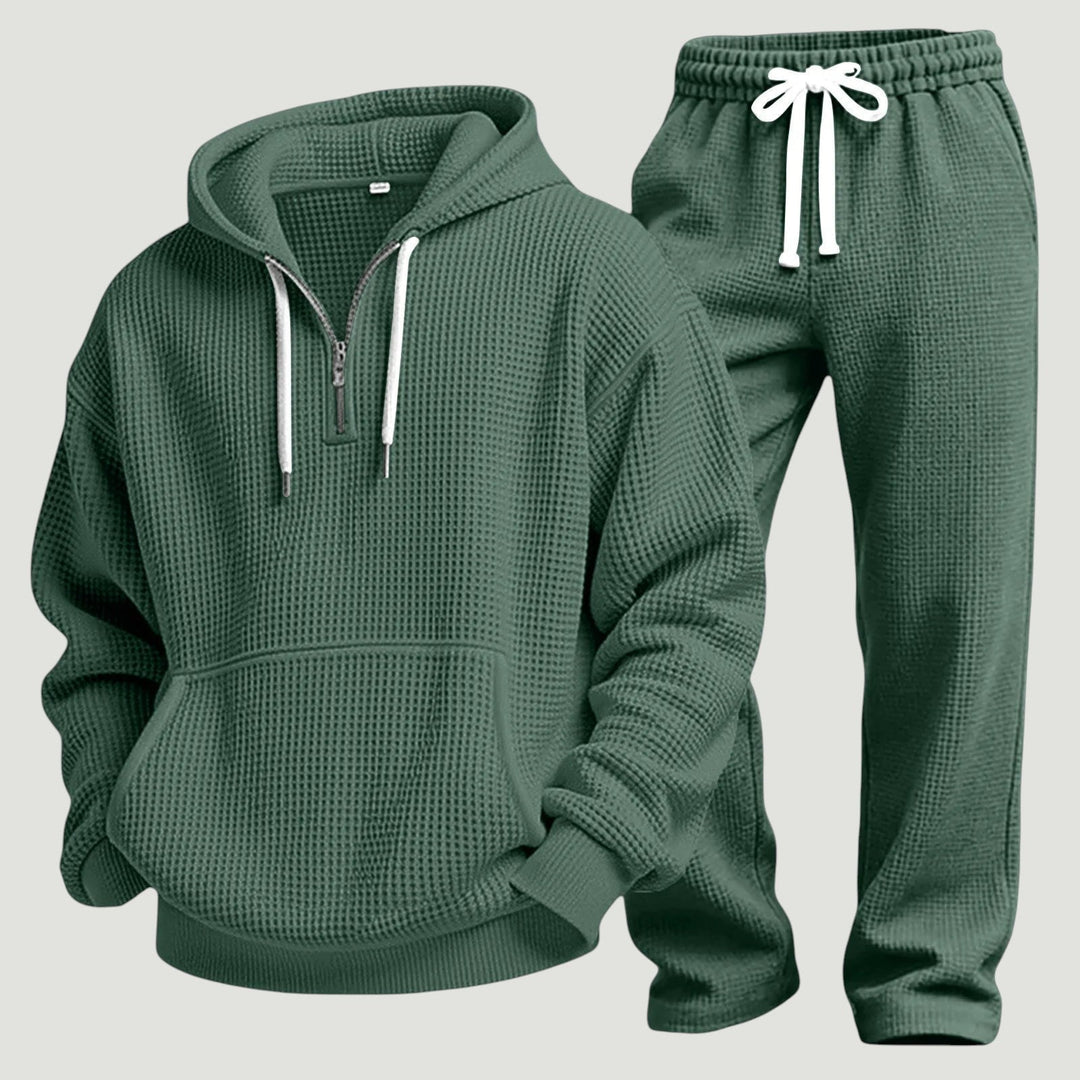 Green waffle knit hoodie and straight leg joggers