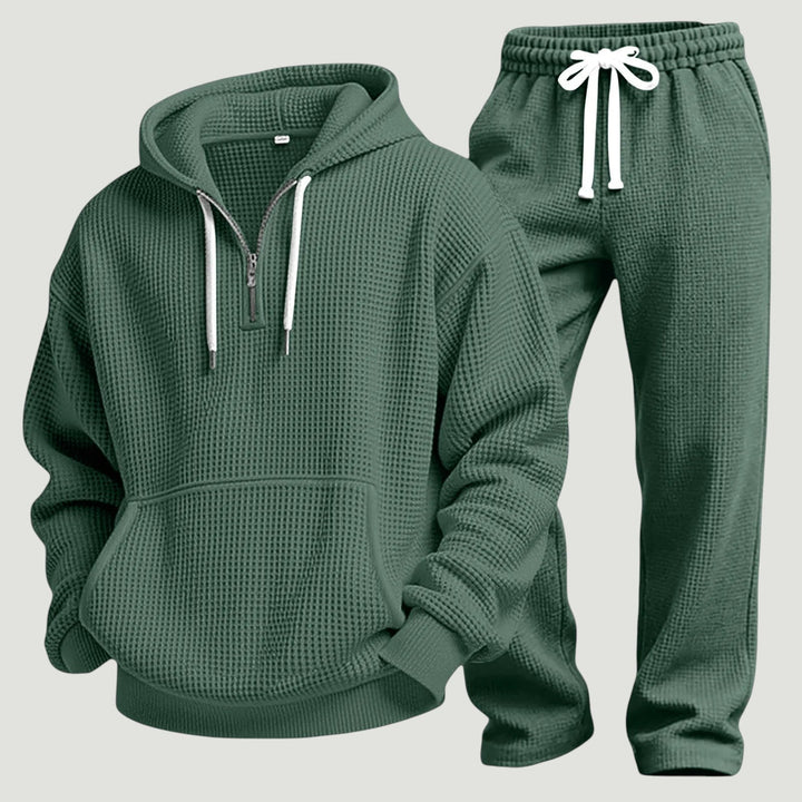 Green waffle knit hoodie and straight leg joggers
