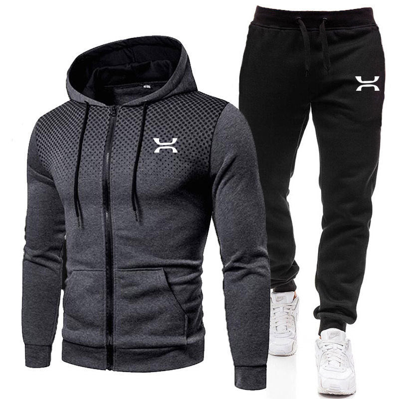 Men's charcoal zip hoodie tracksuit, hoodie and joggers product view