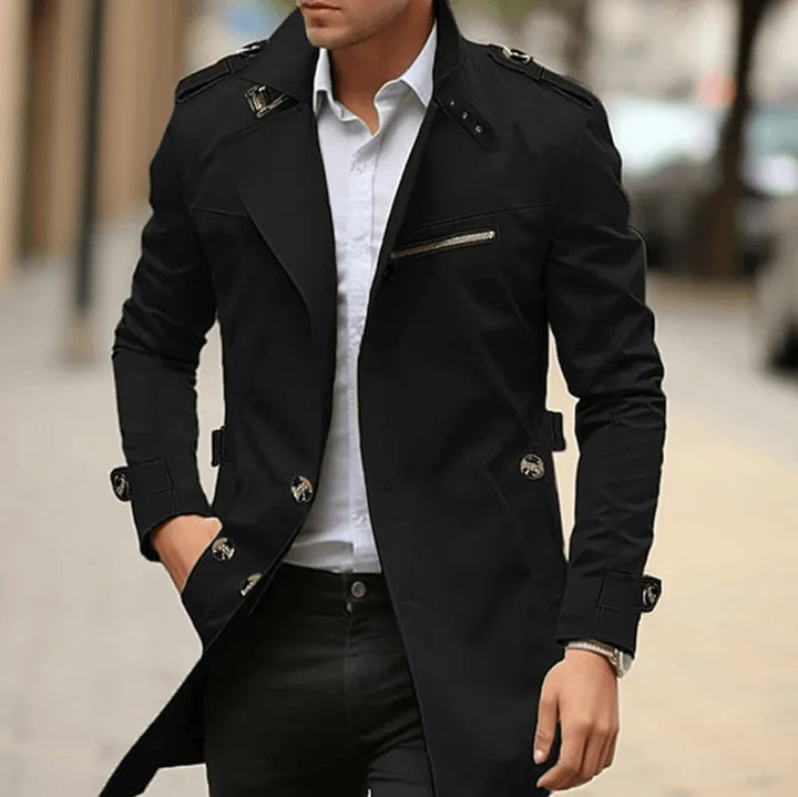 Black short trench coat with notch lapel and chest zip pocket, front view