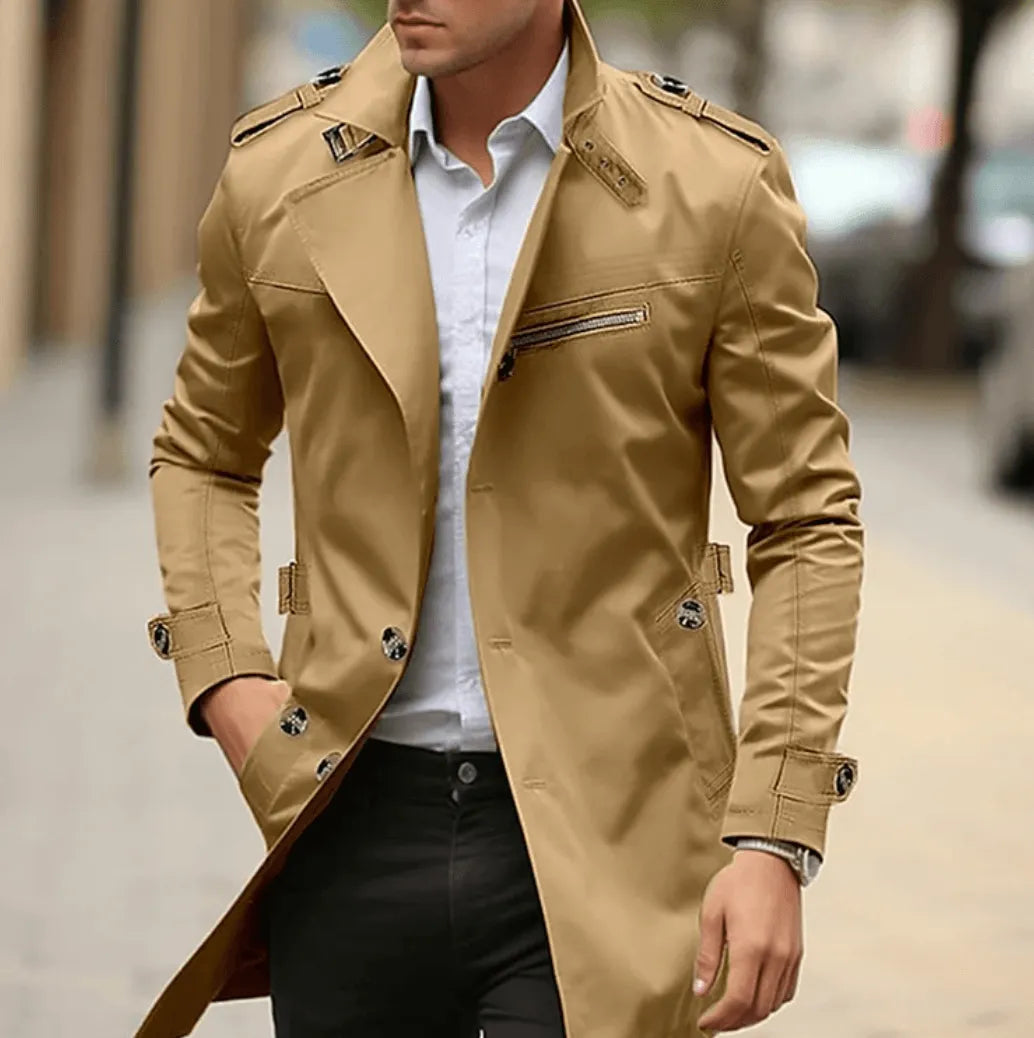 Tan notch lapel trench coat styled with a white shirt and black pants