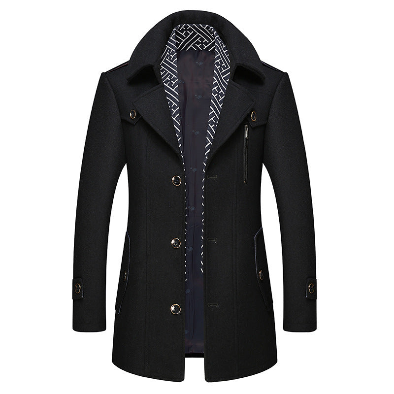 Men's trench coat in black, single breasted mid length with detachable patterned scarf