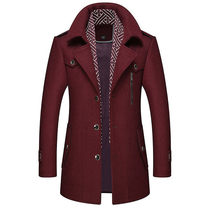 Burgundy single breasted mid length trench coat with patterned scarf collar, front view