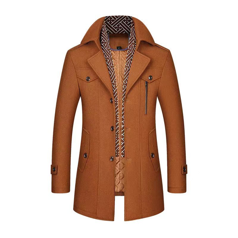 Caramel single breasted mid length trench coat with patterned scarf collar, front view