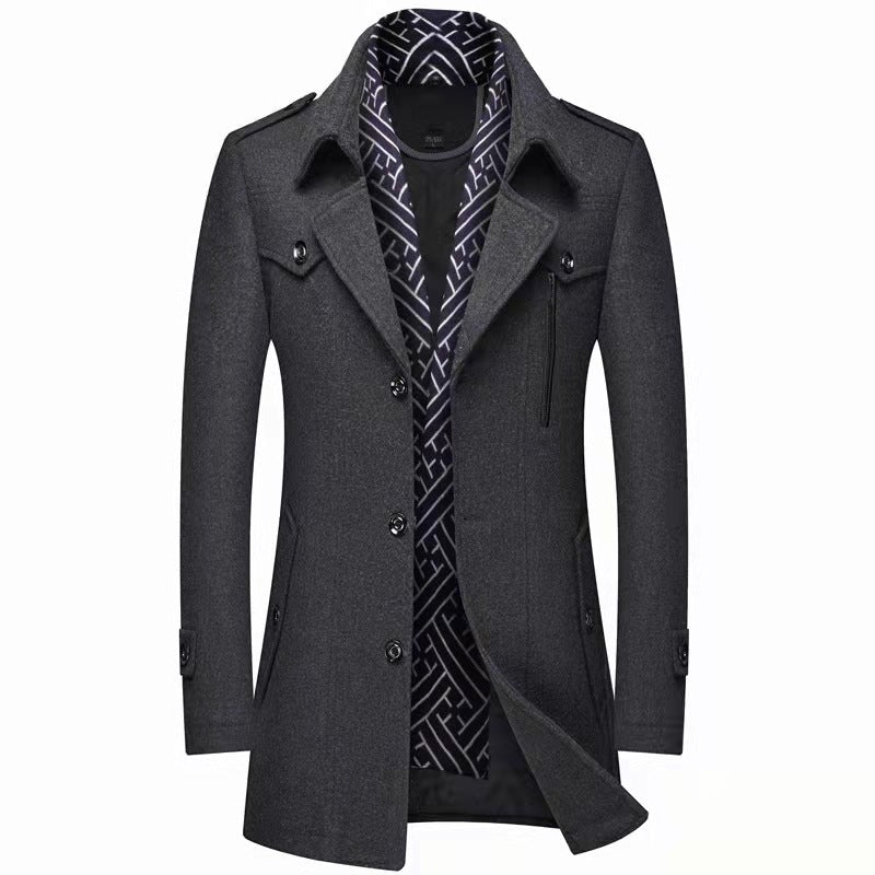 Charcoal single breasted mid length trench coat with patterned scarf collar, front view