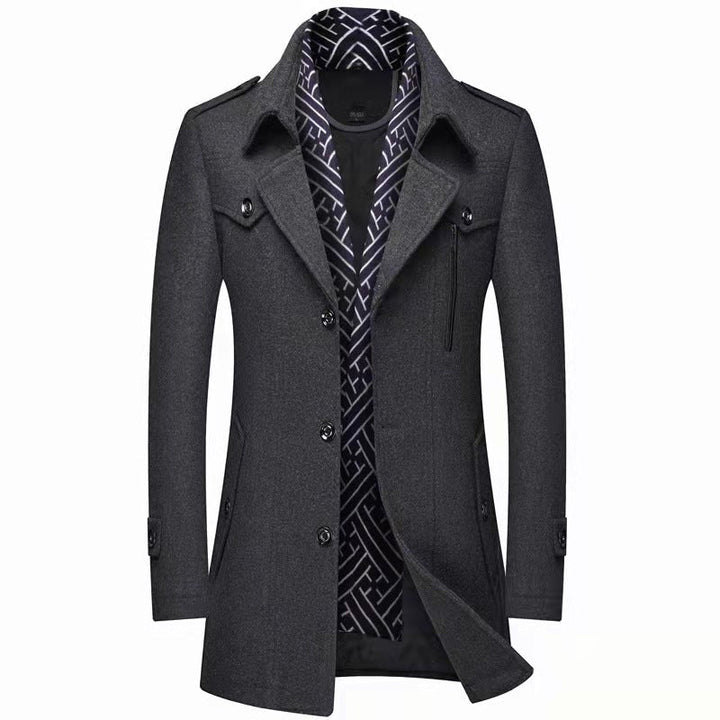 Charcoal single breasted mid length trench coat with patterned scarf collar, front view