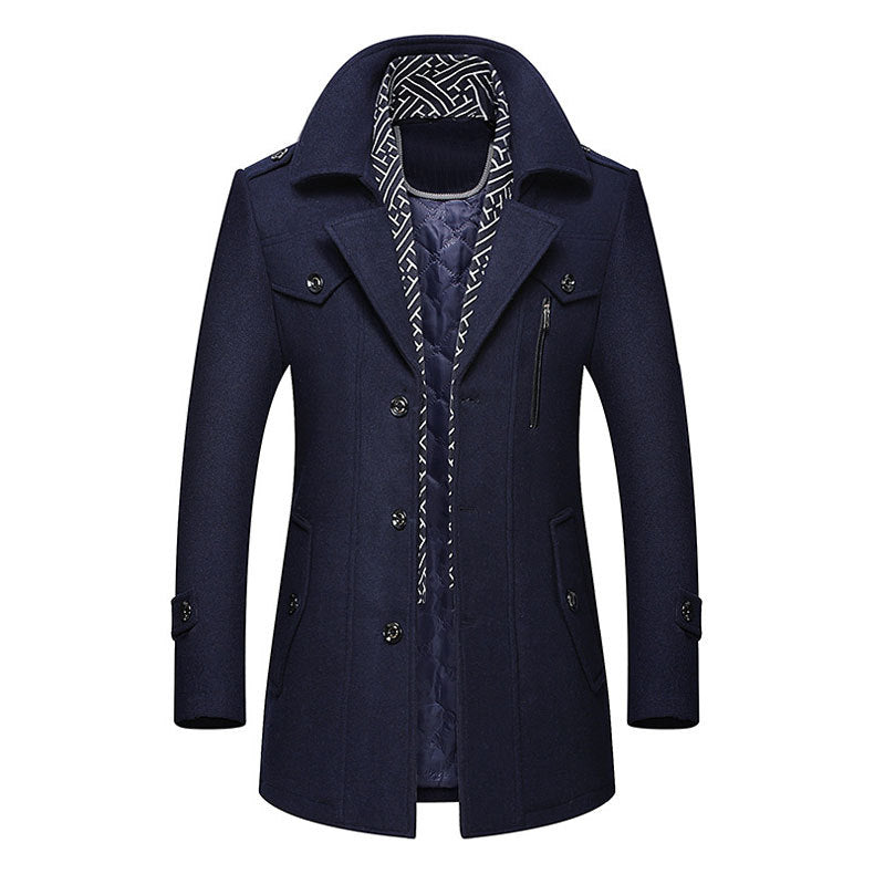Navy single breasted mid length trench coat with patterned scarf collar, front view
