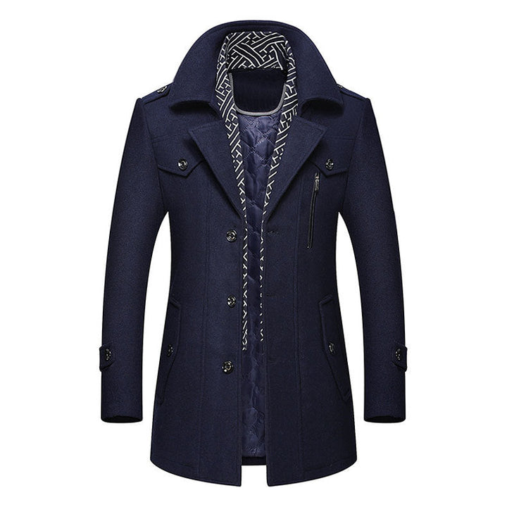 Navy single breasted mid length trench coat with patterned scarf collar, front view
