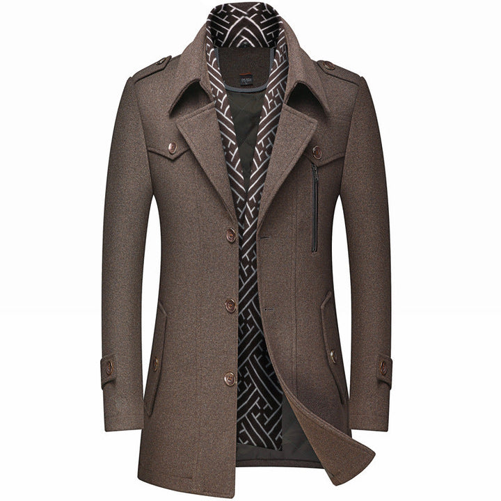 Taupe single breasted mid length trench coat with patterned scarf collar, front view