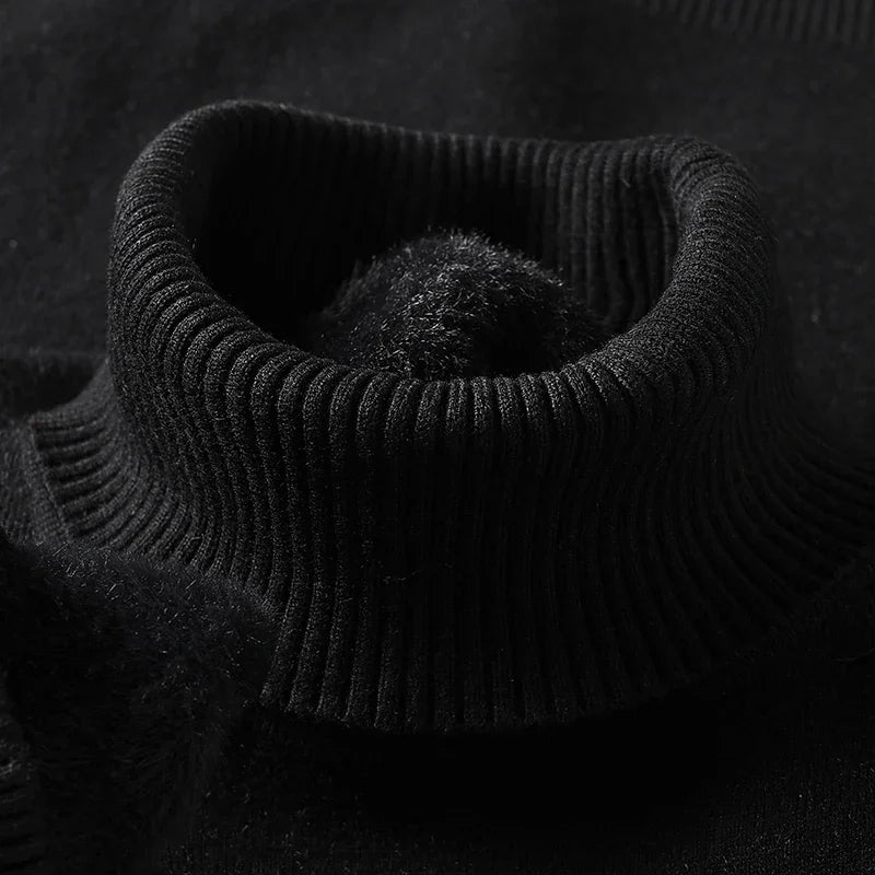 Close-up of the black ribbed turtleneck collar with fleece lining